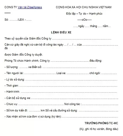 Sơ đồ cấu trúc mẫu lệnh sửa chữa xe ô tô, bao gồm thông tin khách hàng, xe, lỗi, giải pháp, chi phí và chữ ký.