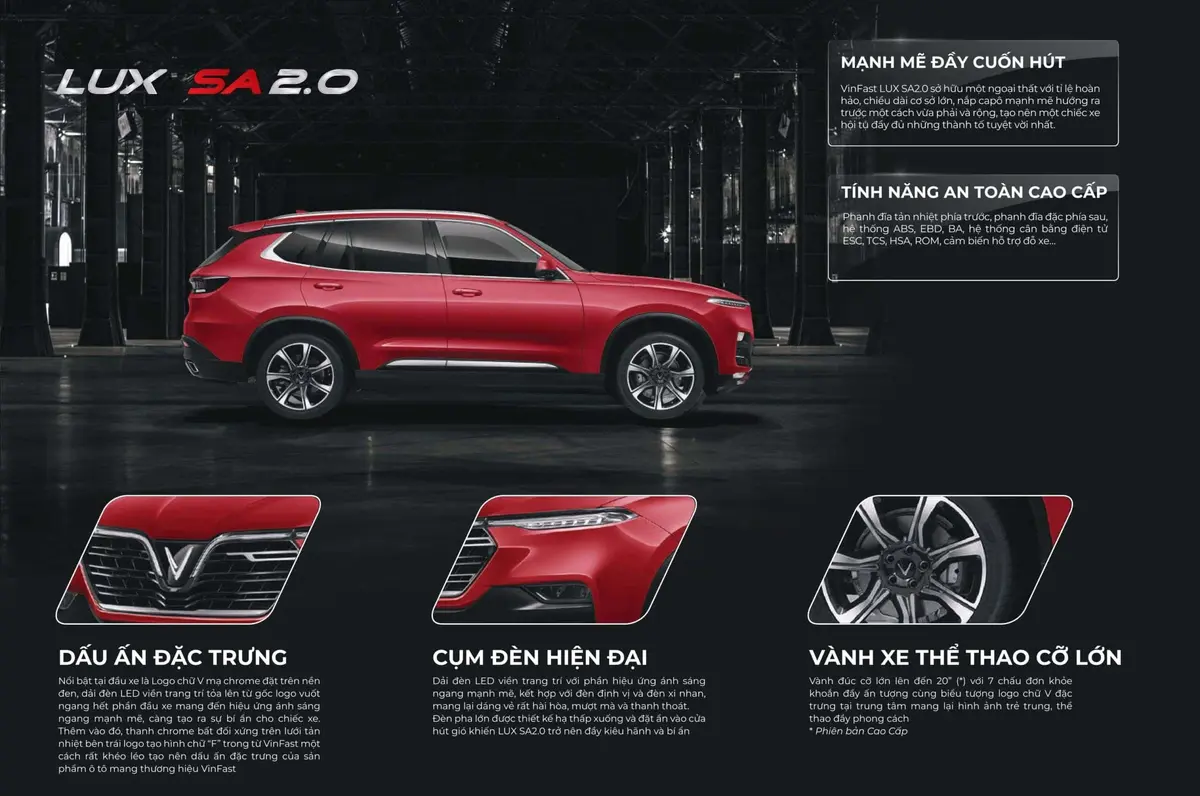 Hình ảnh động cơ 2.0L Turbo của VinFast Lux SA2.0 và biểu đồ kích thước xe