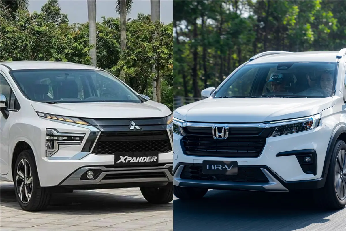 Hình ảnh so sánh trực diện Honda BR-V 2026 màu đỏ và Mitsubishi Xpander màu trắng, thể hiện sự cạnh tranh về thiết kế và kích thước.