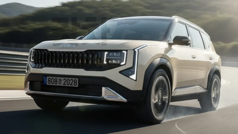 Hình ảnh Kia Seltos 2026 màu trắng di chuyển trên đường phố đông đúc, có cây xanh và tòa nhà cao tầng.