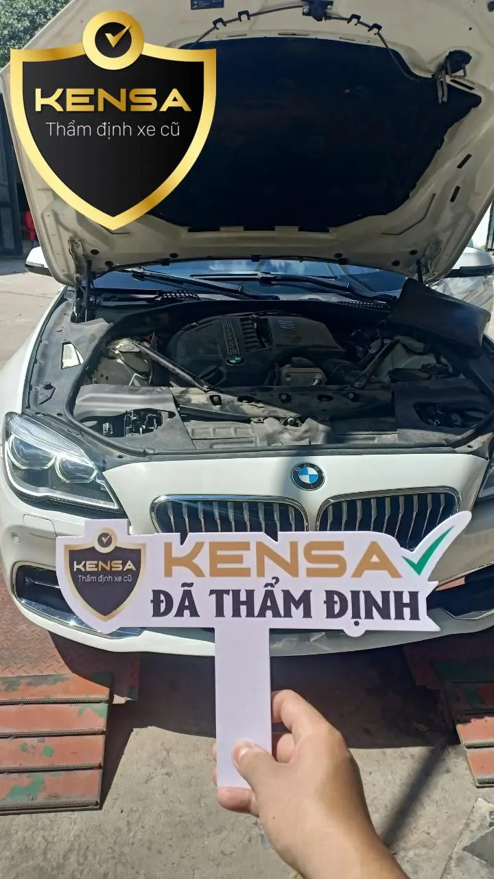 Một chuyên gia đang kiểm tra động cơ xe BMW đã qua sử dụng