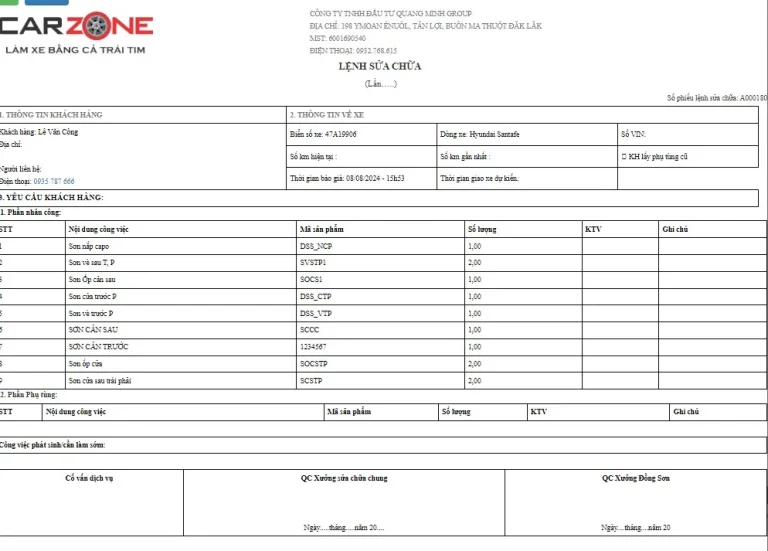 Mẫu lệnh sửa chữa ô tô chuẩn, bao gồm thông tin xe, hạng mục sửa chữa và chi phí dự kiến.